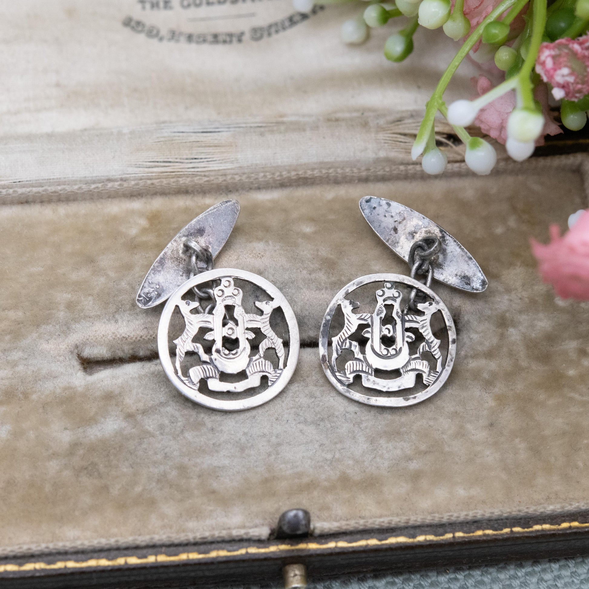 Vintage Silver Heraldic Crest Cufflinks - Openwork Coat of Arms Design | Chain Style | Gift for Him