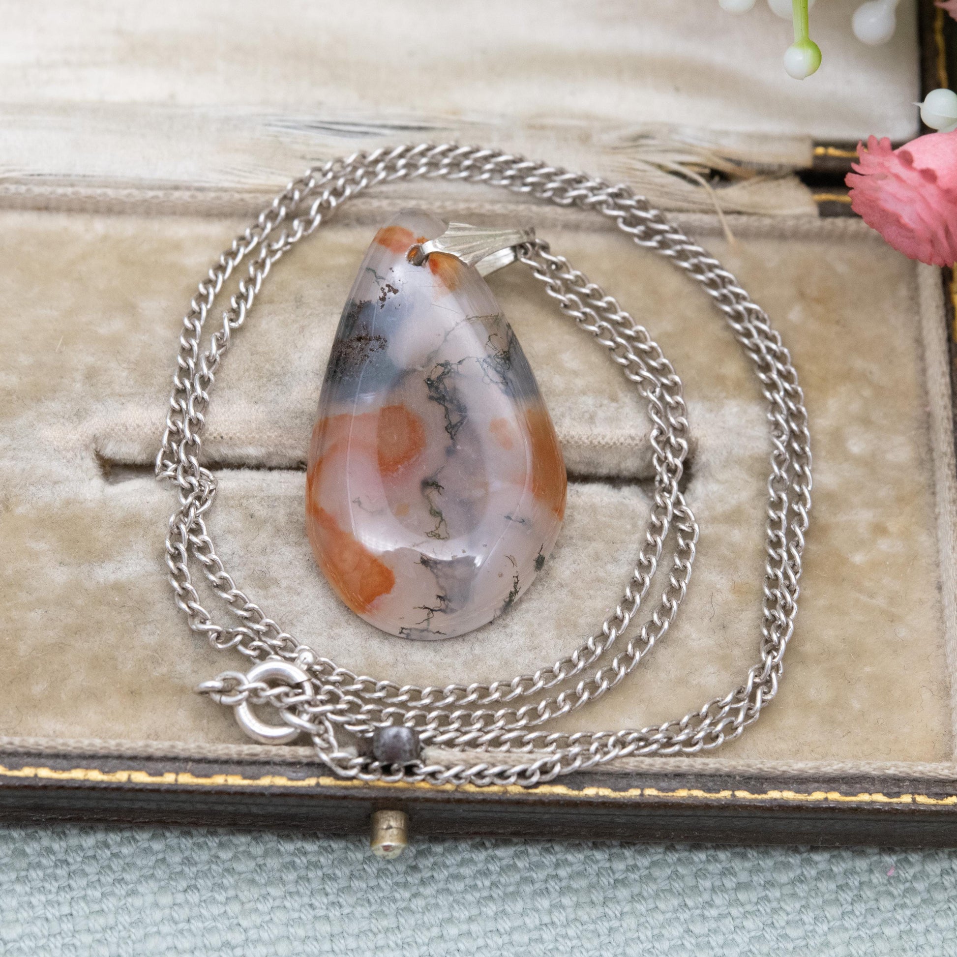 Antique Sterling Silver Moss Agate Pendant Necklace - Curb Link Chain | Gift for Her