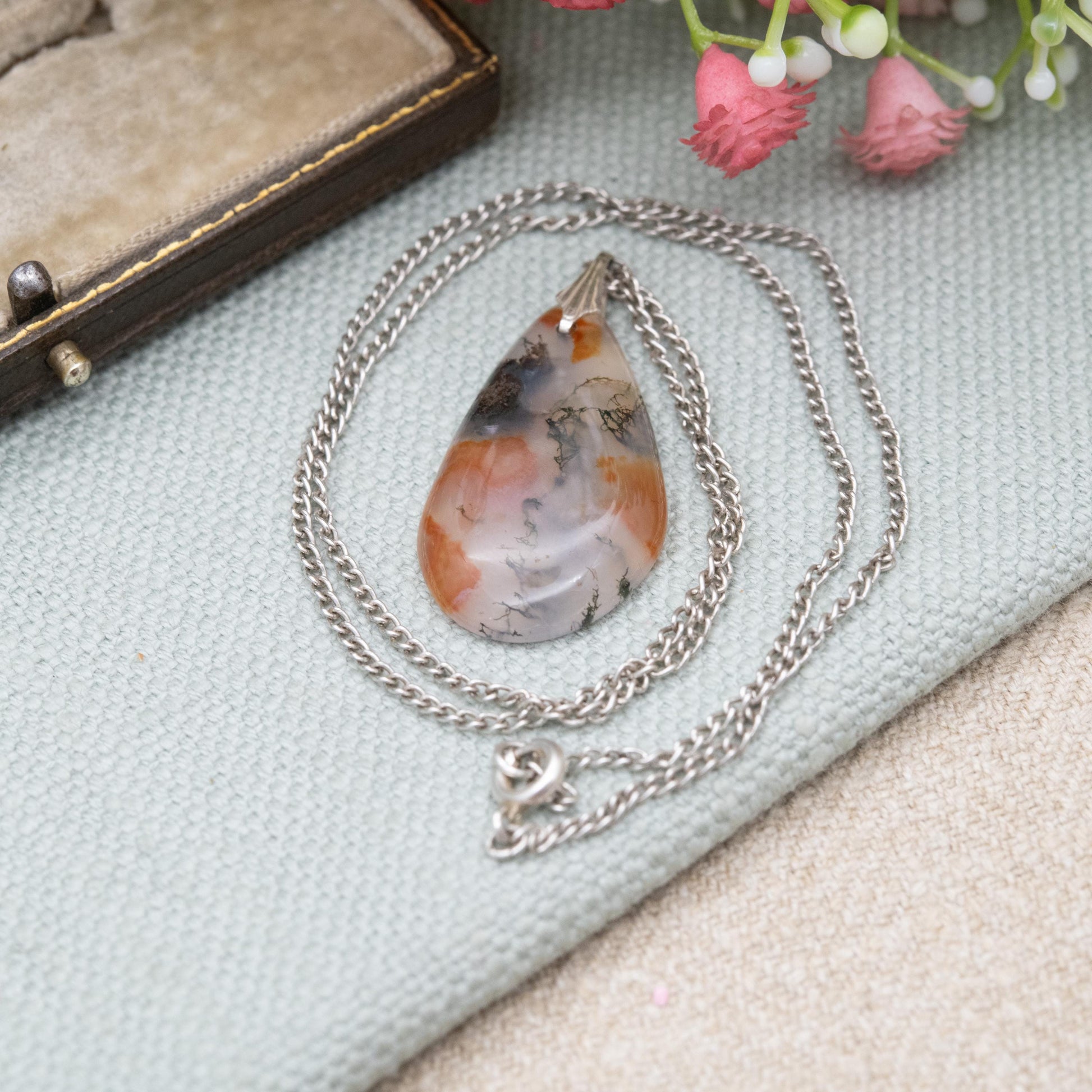 Antique Sterling Silver Moss Agate Pendant Necklace - Curb Link Chain | Gift for Her