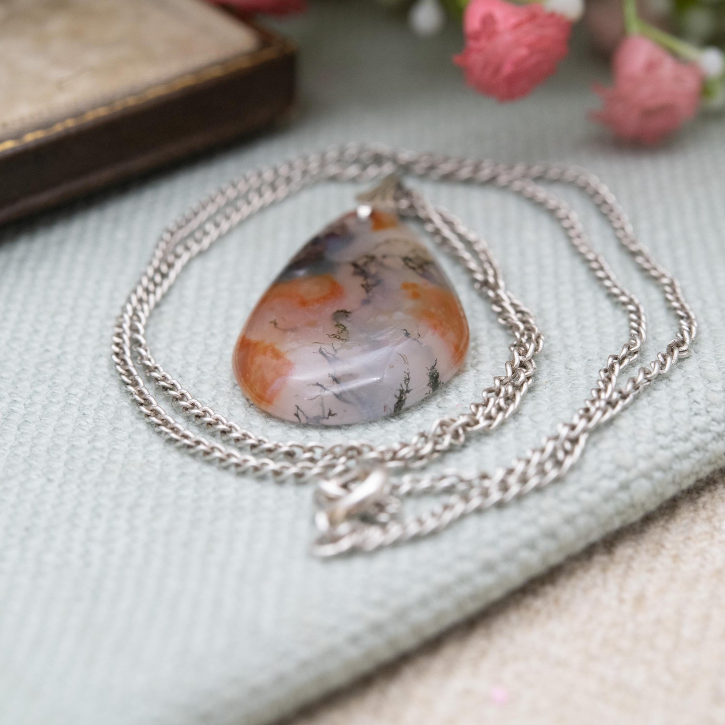 Antique Sterling Silver Moss Agate Pendant Necklace - Curb Link Chain | Gift for Her