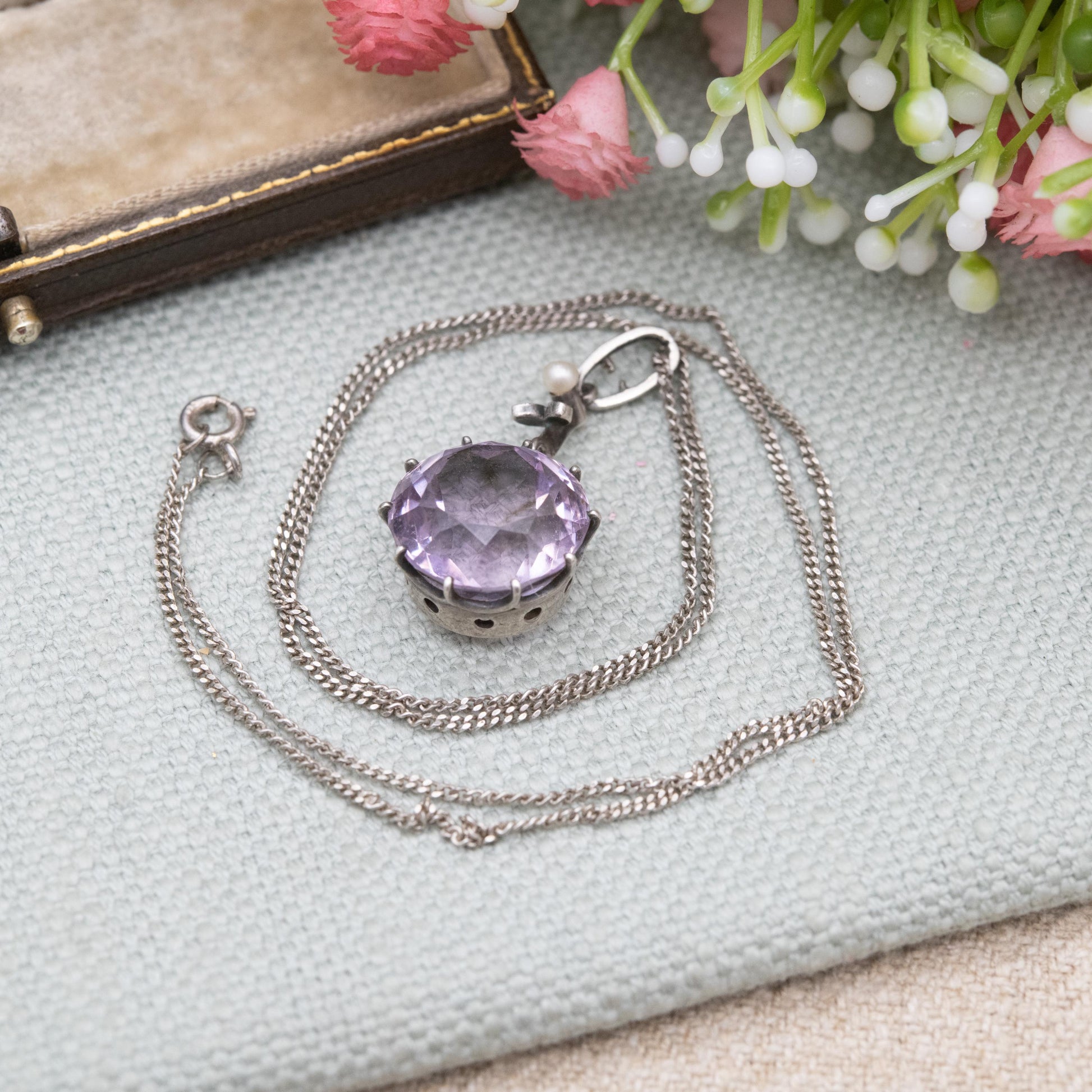 Antique Sterling Silver Amethyst Pearl Marcasite Pendant Necklace - Faceted Purple Gemstone Jewellery | Gift for Her