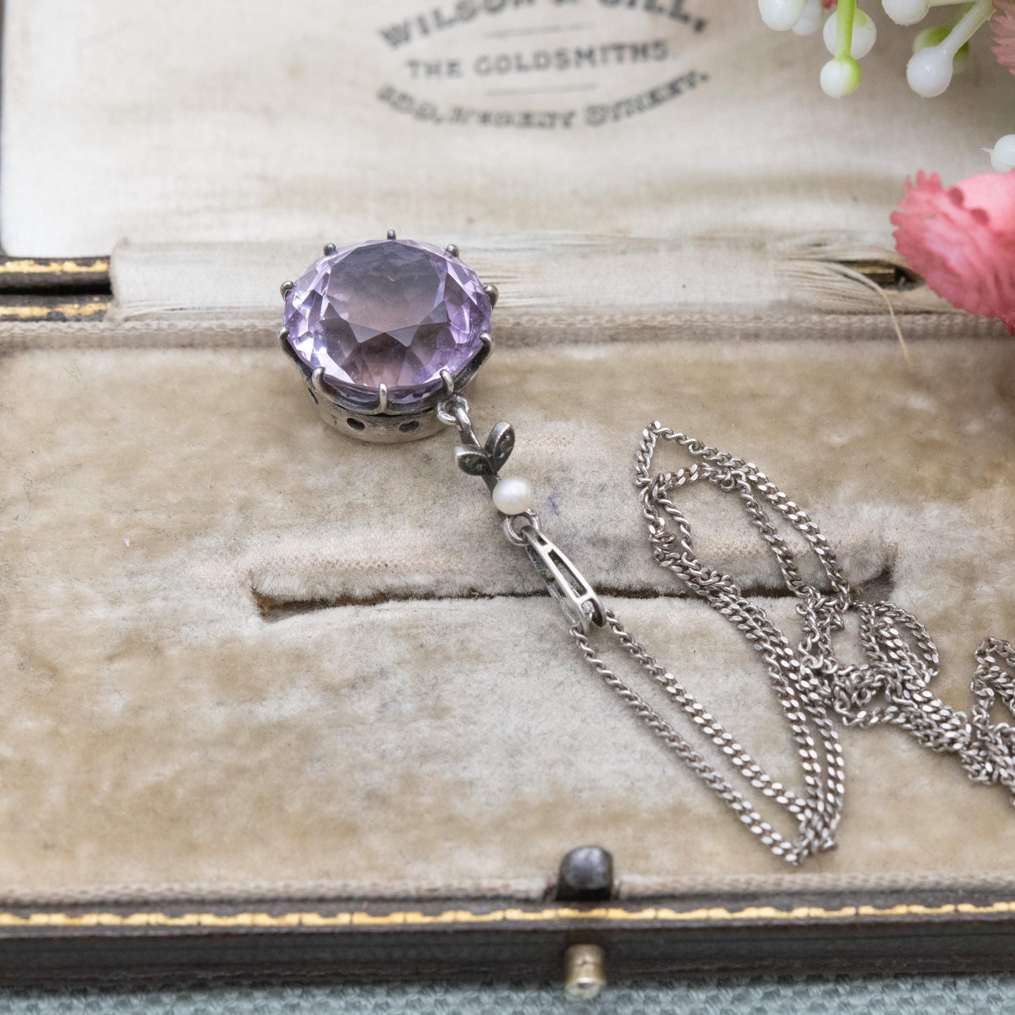 Antique Sterling Silver Amethyst Pearl Marcasite Pendant Necklace - Faceted Purple Gemstone Jewellery | Gift for Her