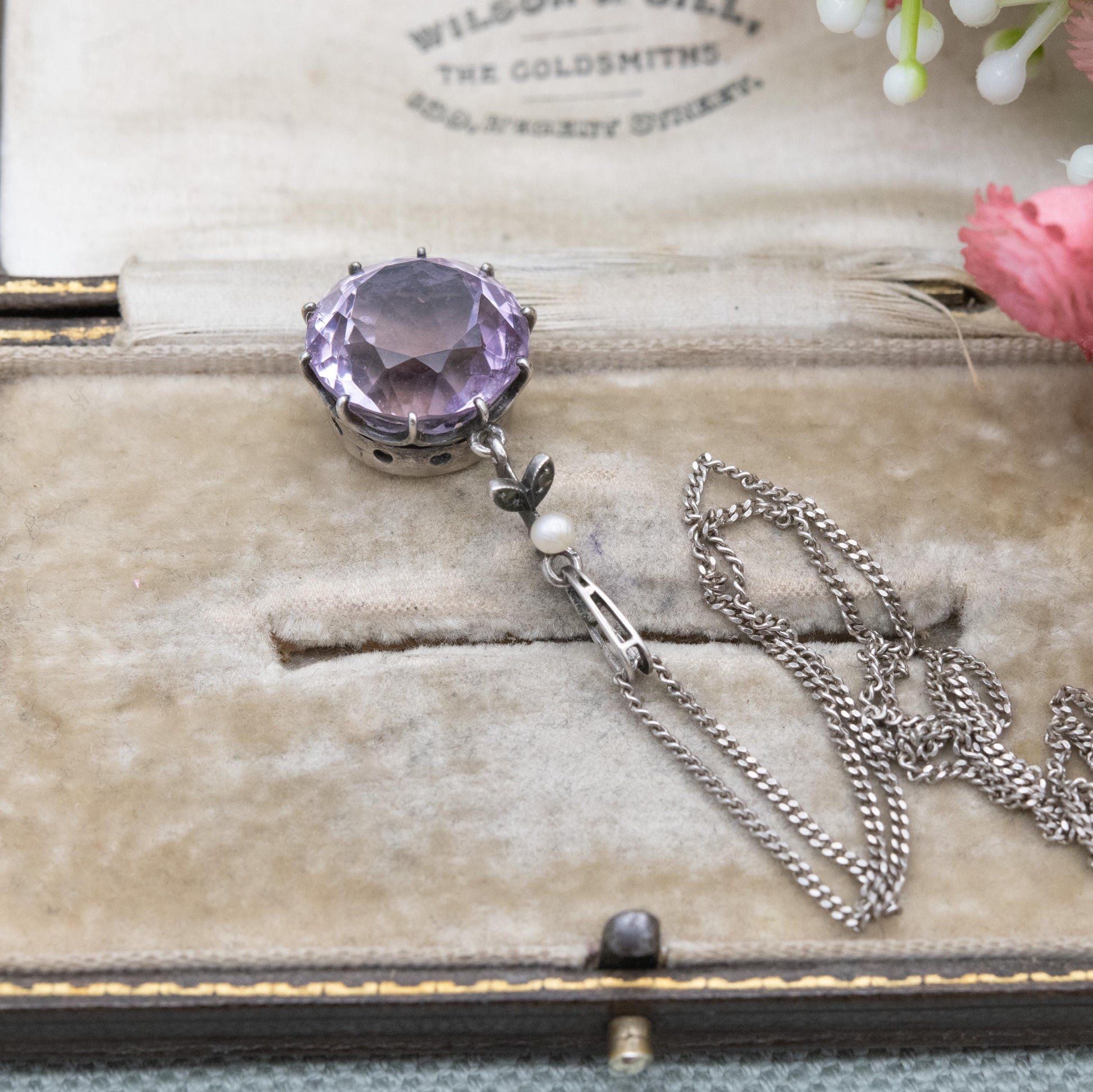 Antique Sterling Silver Amethyst Pearl Marcasite Pendant Necklace - Faceted Purple Gemstone Jewellery | Gift for Her