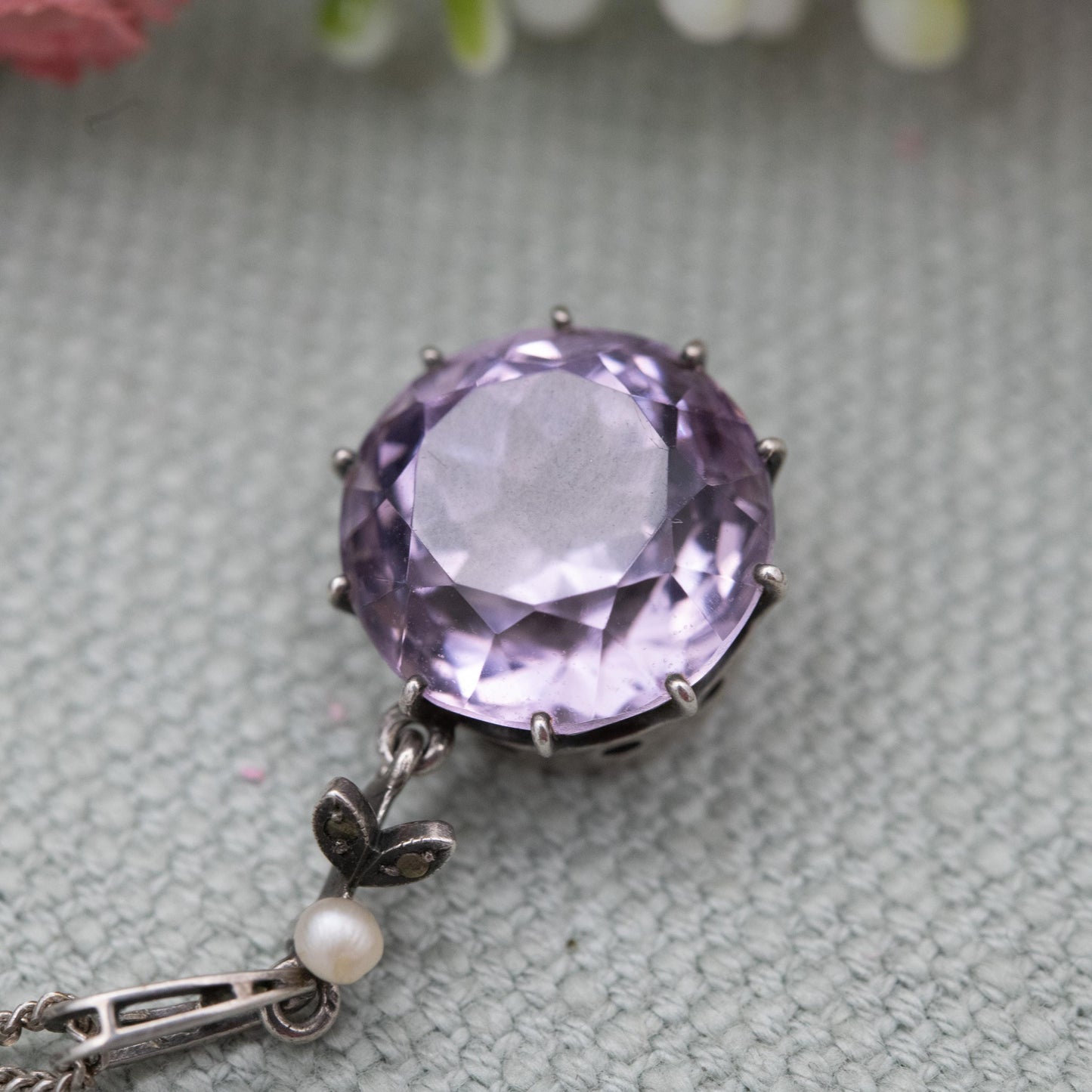Antique Sterling Silver Amethyst Pearl Marcasite Pendant Necklace - Faceted Purple Gemstone Jewellery | Gift for Her