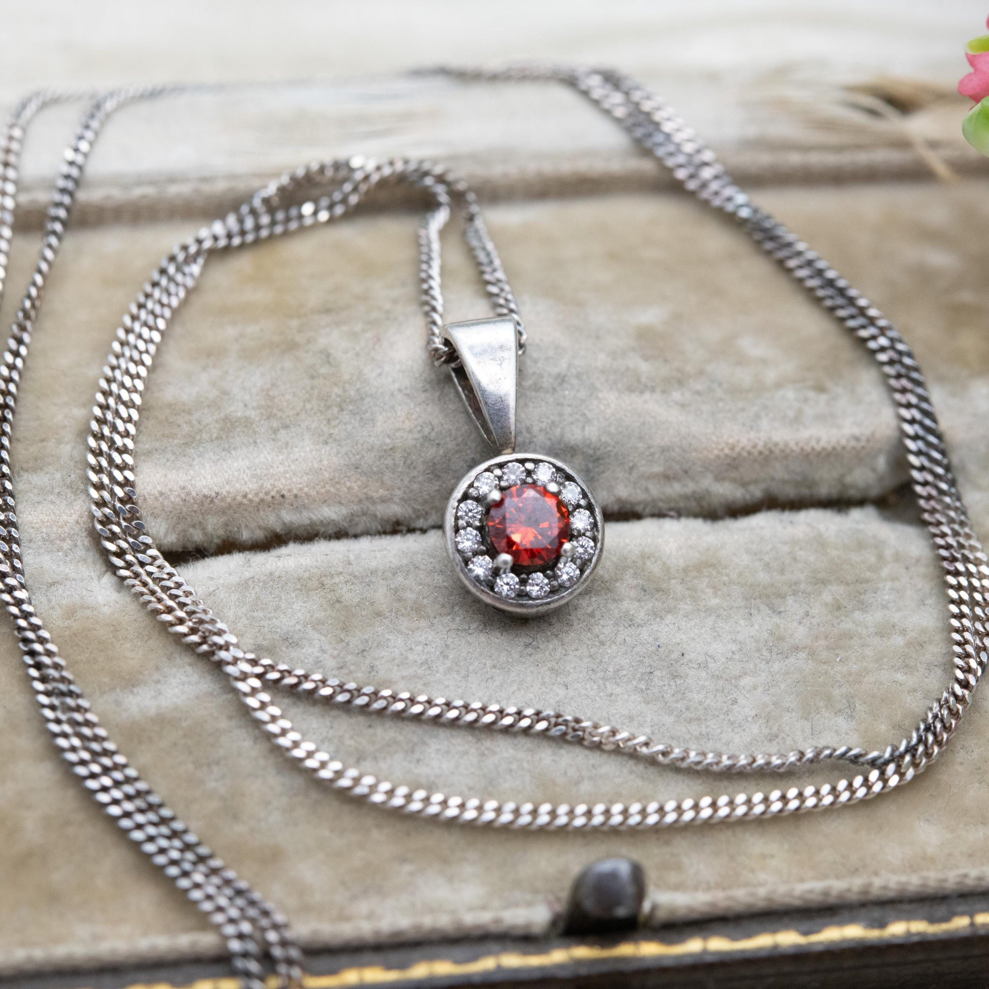 Vintage Sterling Silver Orange Stone CZ Halo Pendant Necklace - Gift for Her