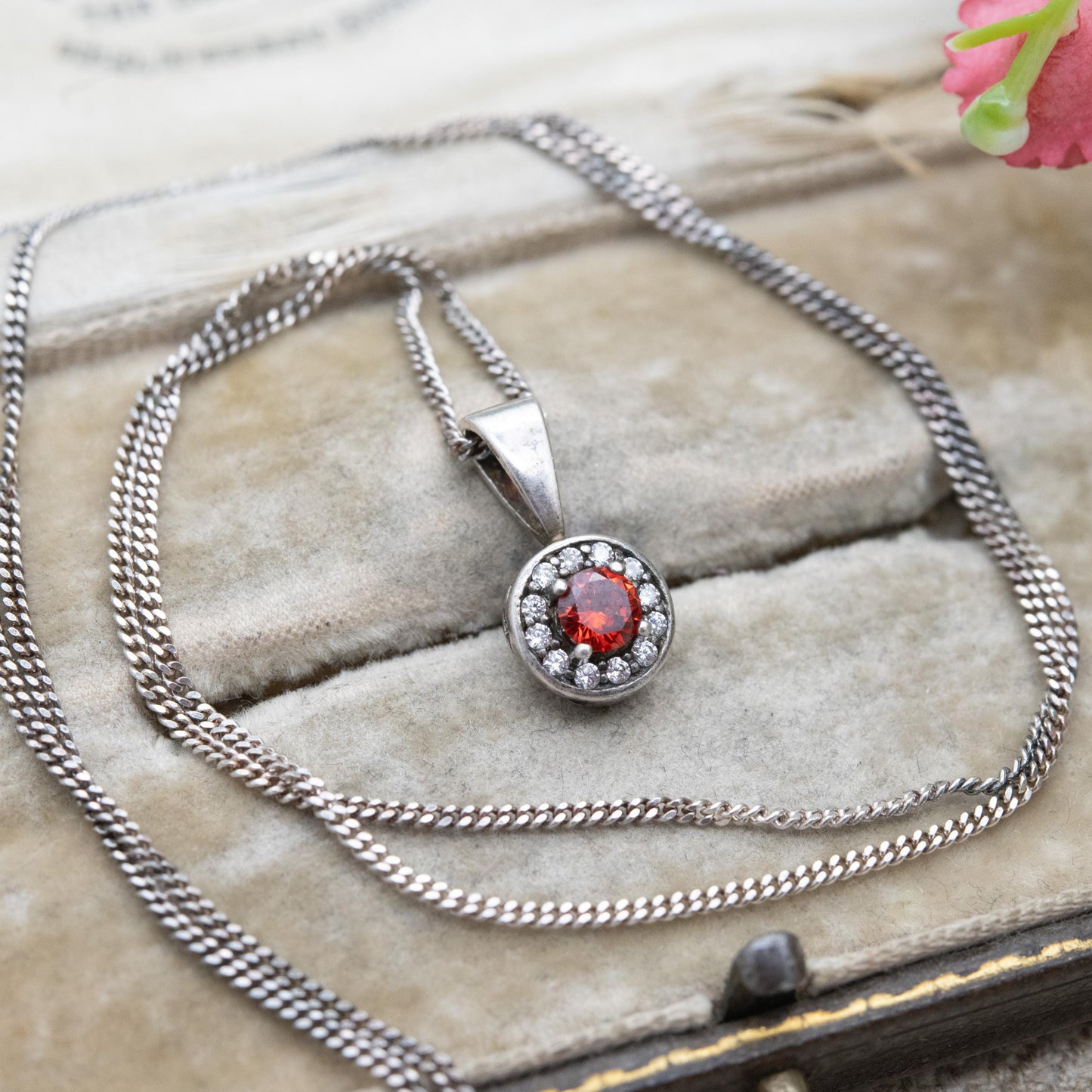 Vintage Sterling Silver Orange Stone CZ Halo Pendant Necklace - Gift for Her