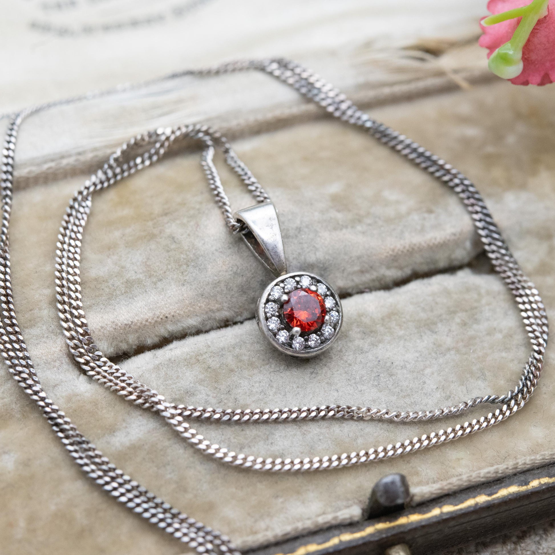 Vintage Sterling Silver Orange Stone CZ Halo Pendant Necklace - Gift for Her