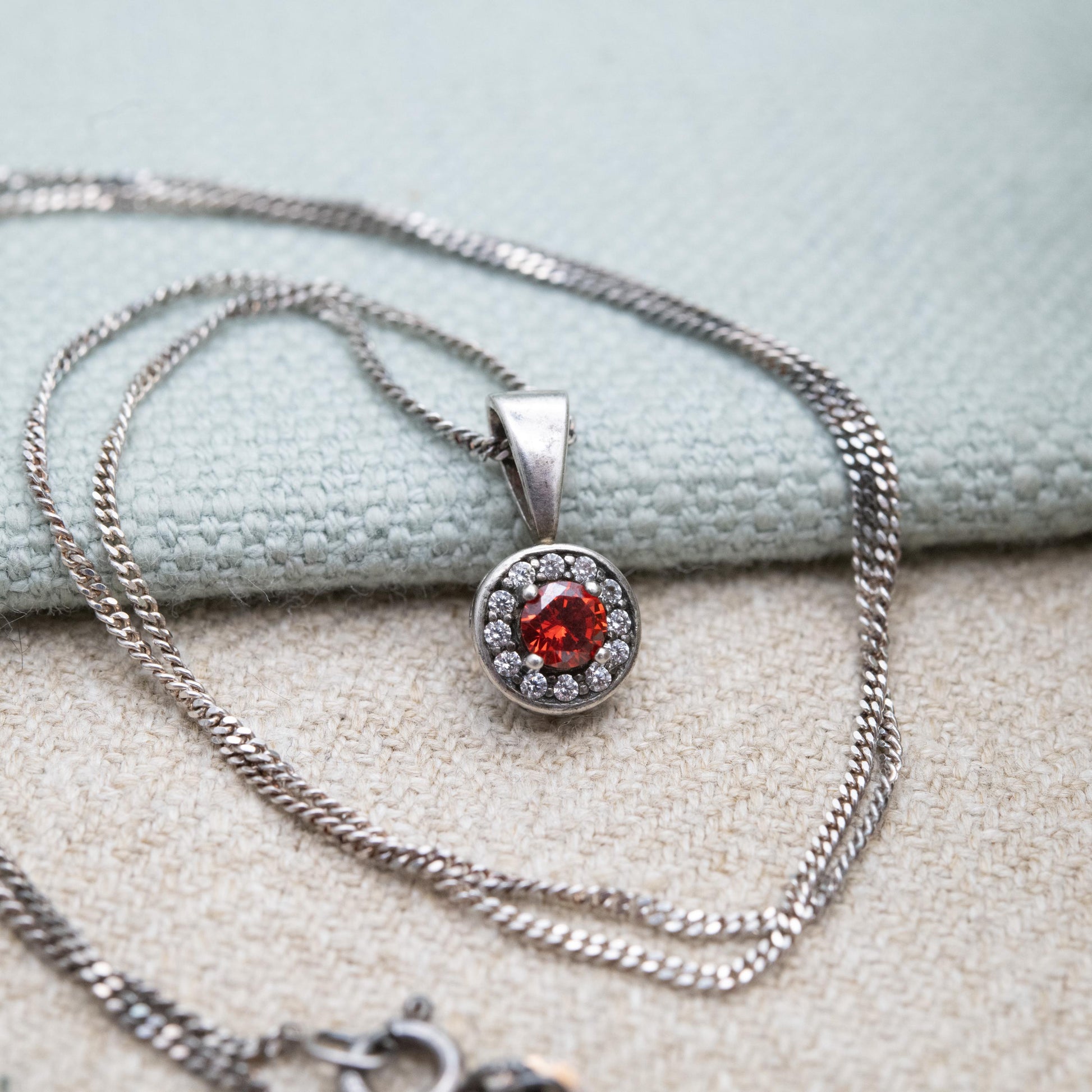 Vintage Sterling Silver Orange Stone CZ Halo Pendant Necklace - Gift for Her