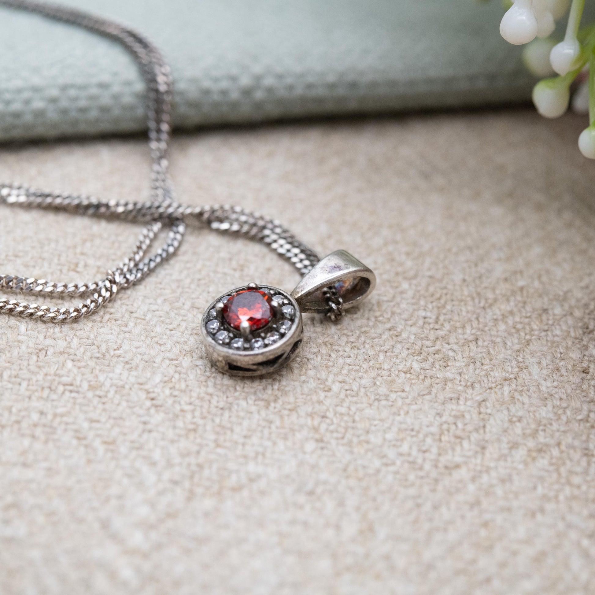 Vintage Sterling Silver Orange Stone CZ Halo Pendant Necklace - Gift for Her