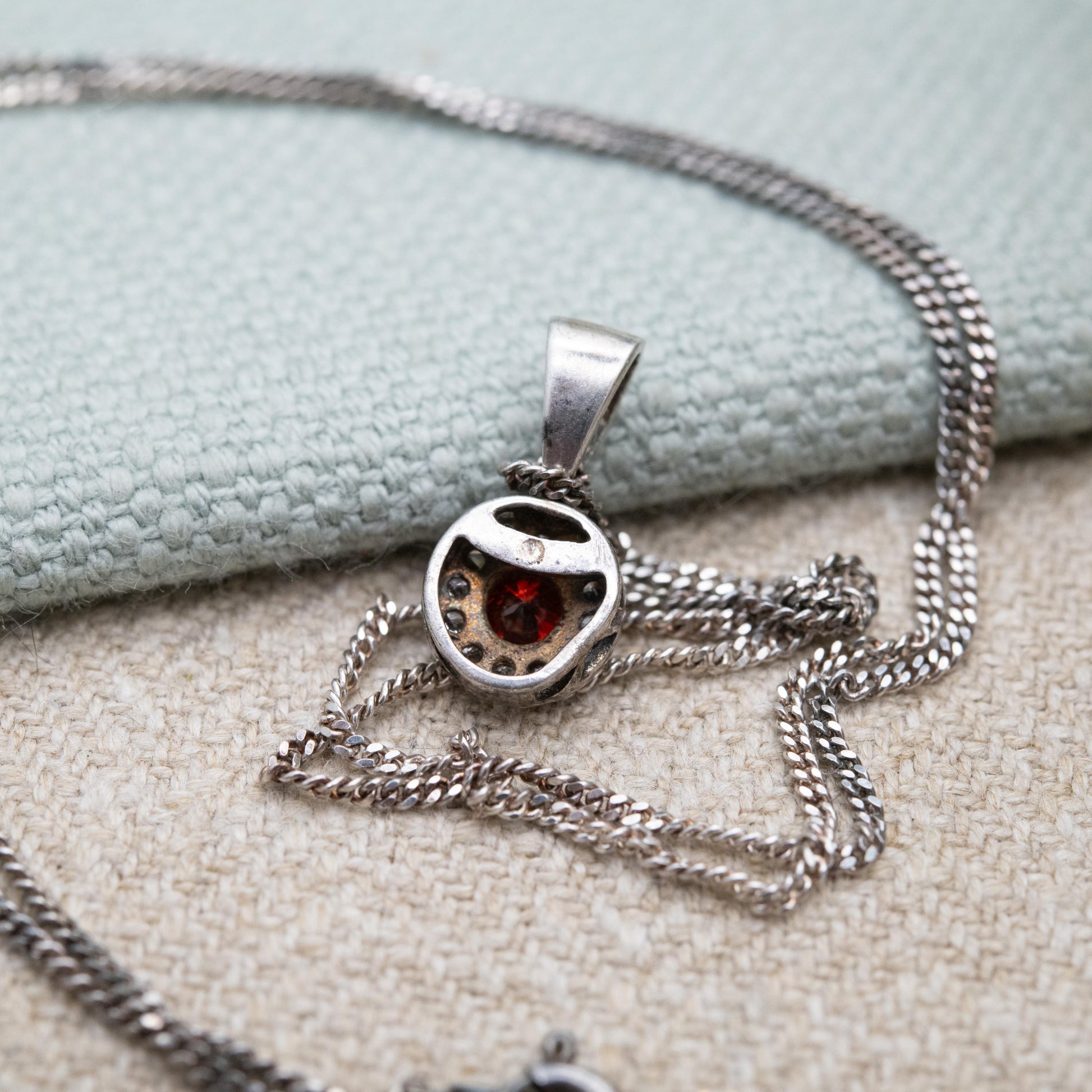 Vintage Sterling Silver Orange Stone CZ Halo Pendant Necklace - Gift for Her