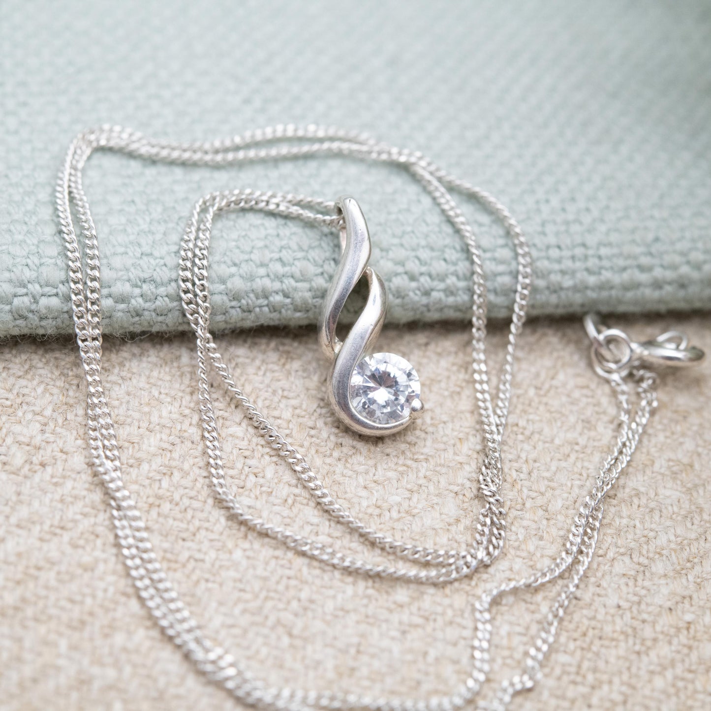 Sterling Silver CZ Twist Pendant Necklace - Curb Link Chain | Small Sparkly Stone | Gift for Her