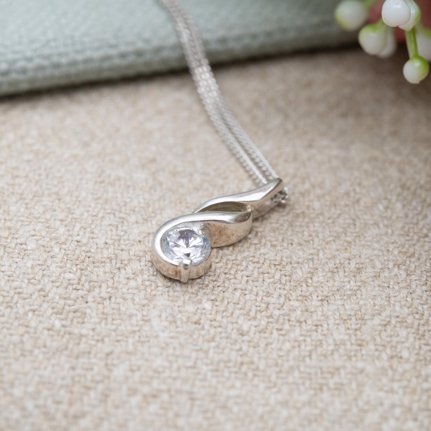 Sterling Silver CZ Twist Pendant Necklace - Curb Link Chain | Small Sparkly Stone | Gift for Her