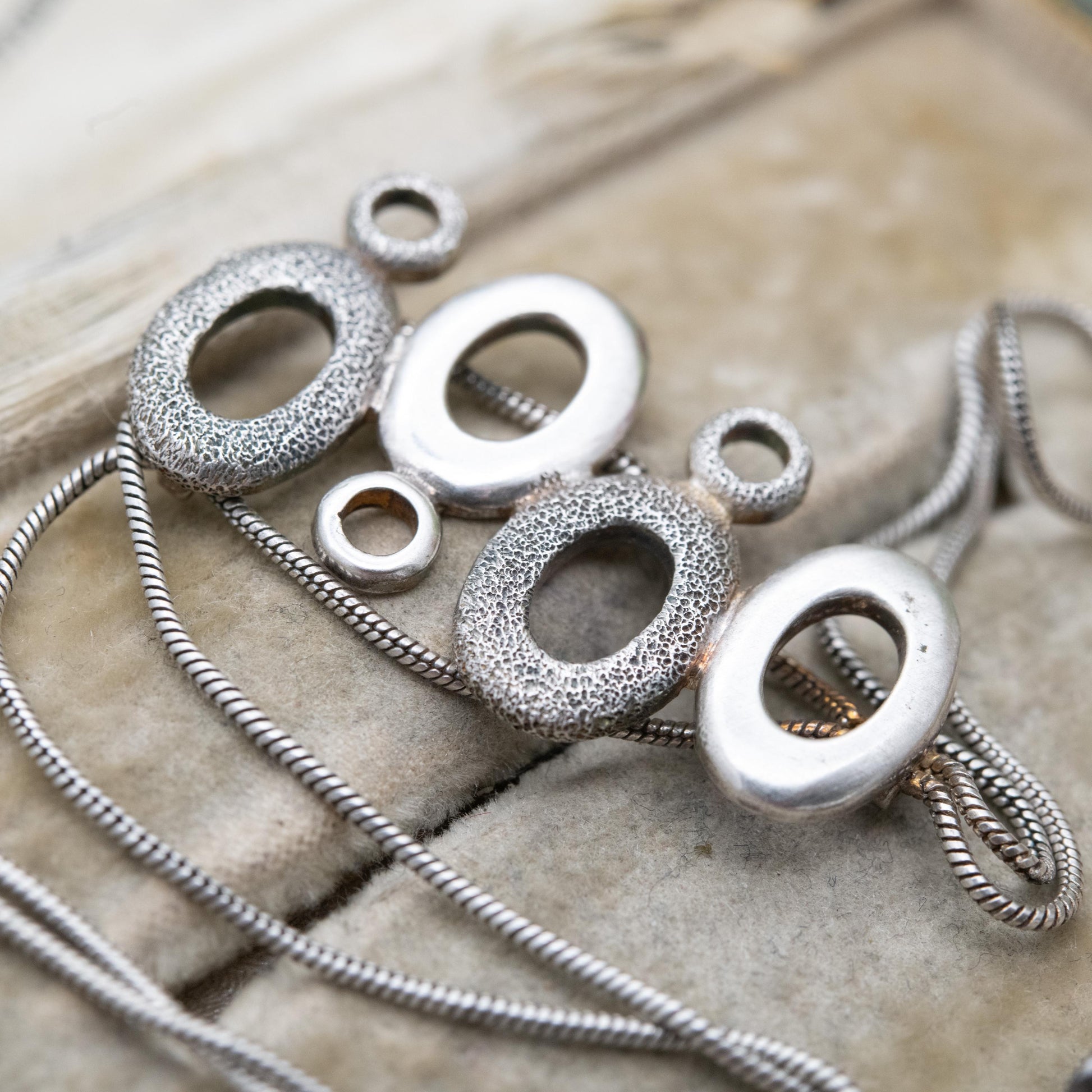 Sterling Silver Open Circles Pendant Necklace - Snake Link Chain | Textured Minimalist Design | Gift for Her