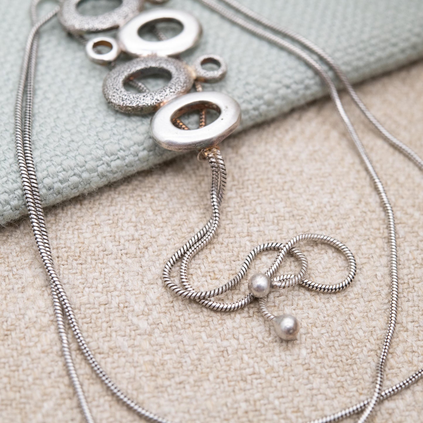 Sterling Silver Open Circles Pendant Necklace - Snake Link Chain | Textured Minimalist Design | Gift for Her