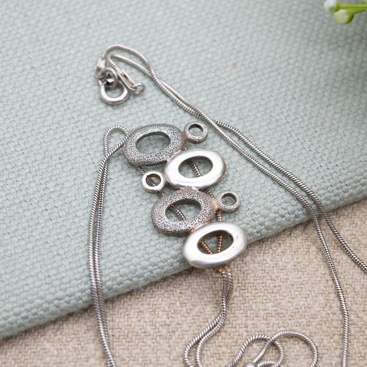 Sterling Silver Open Circles Pendant Necklace - Snake Link Chain | Textured Minimalist Design | Gift for Her
