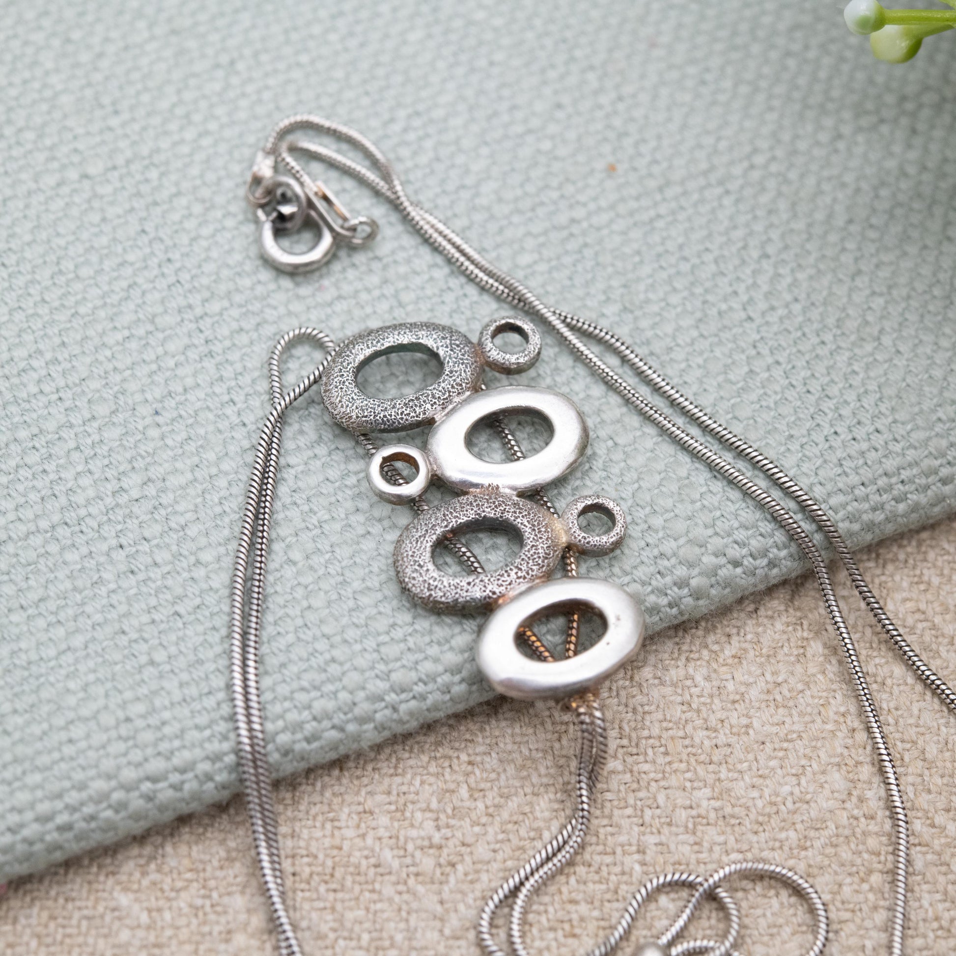 Sterling Silver Open Circles Pendant Necklace - Snake Link Chain | Textured Minimalist Design | Gift for Her