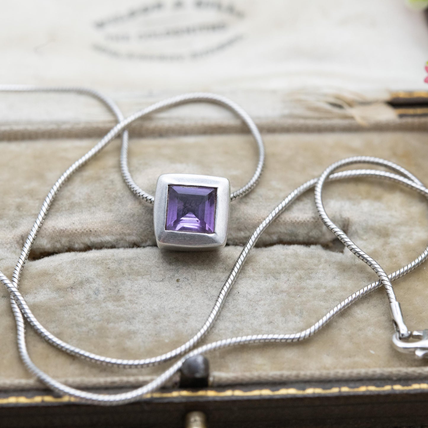 Sterling Silver Amethyst Cube Pendant Necklace - Snake Link Chain | Gift for Her | 17"
