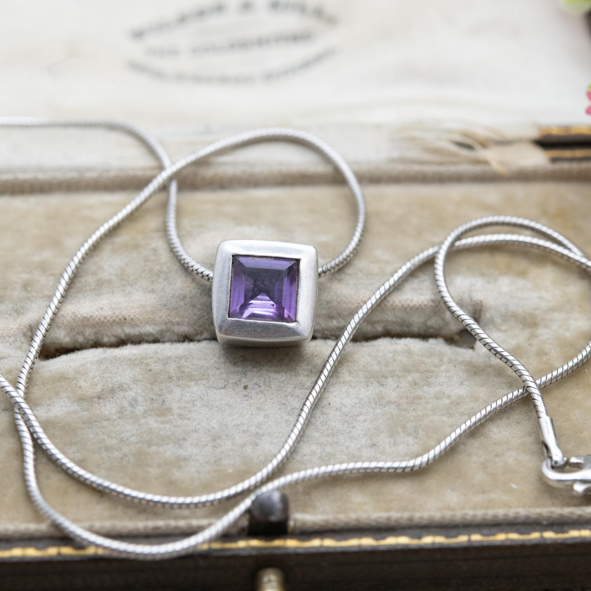 Sterling Silver Amethyst Cube Pendant Necklace - Snake Link Chain | Gift for Her | 17"