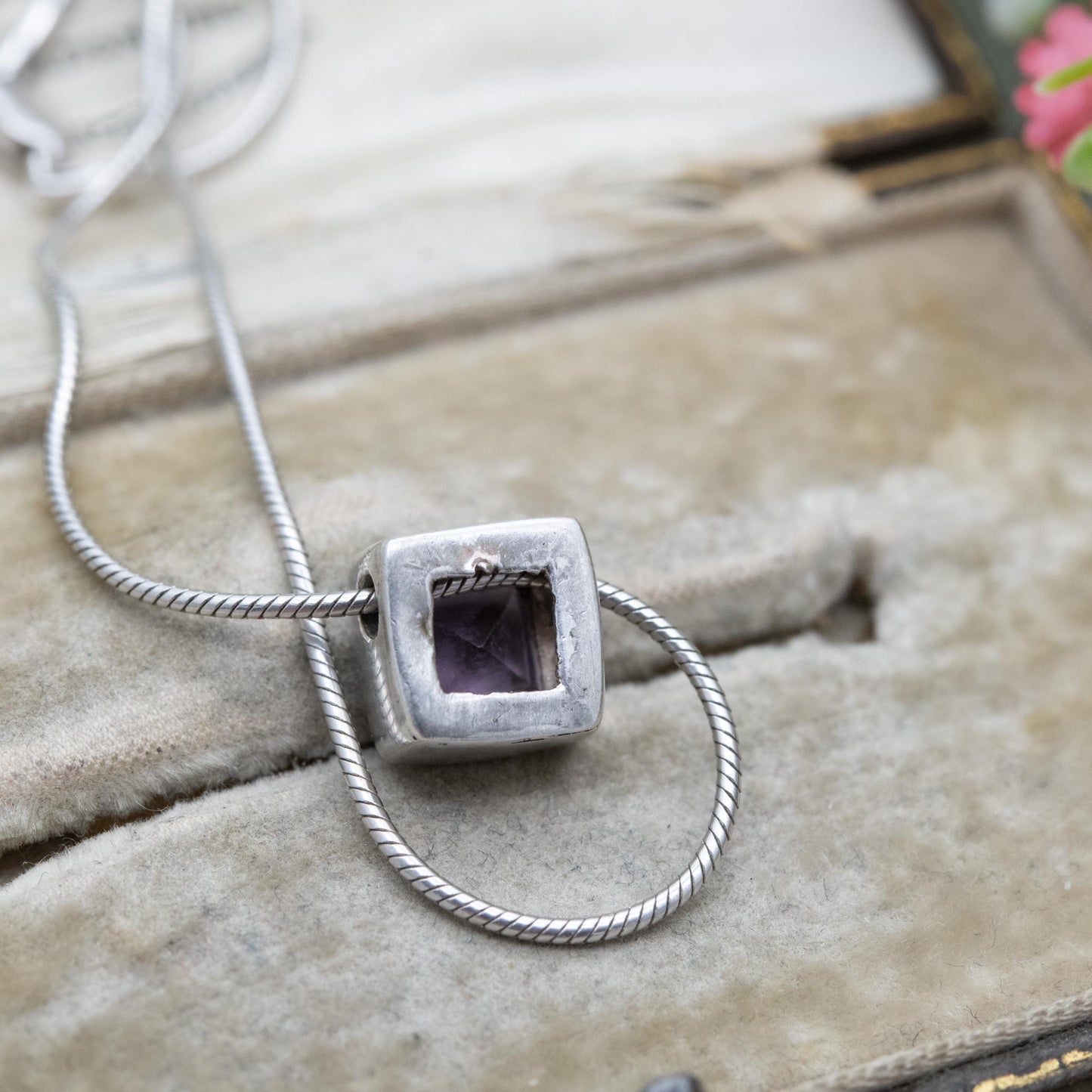 Sterling Silver Amethyst Cube Pendant Necklace - Snake Link Chain | Gift for Her | 17"