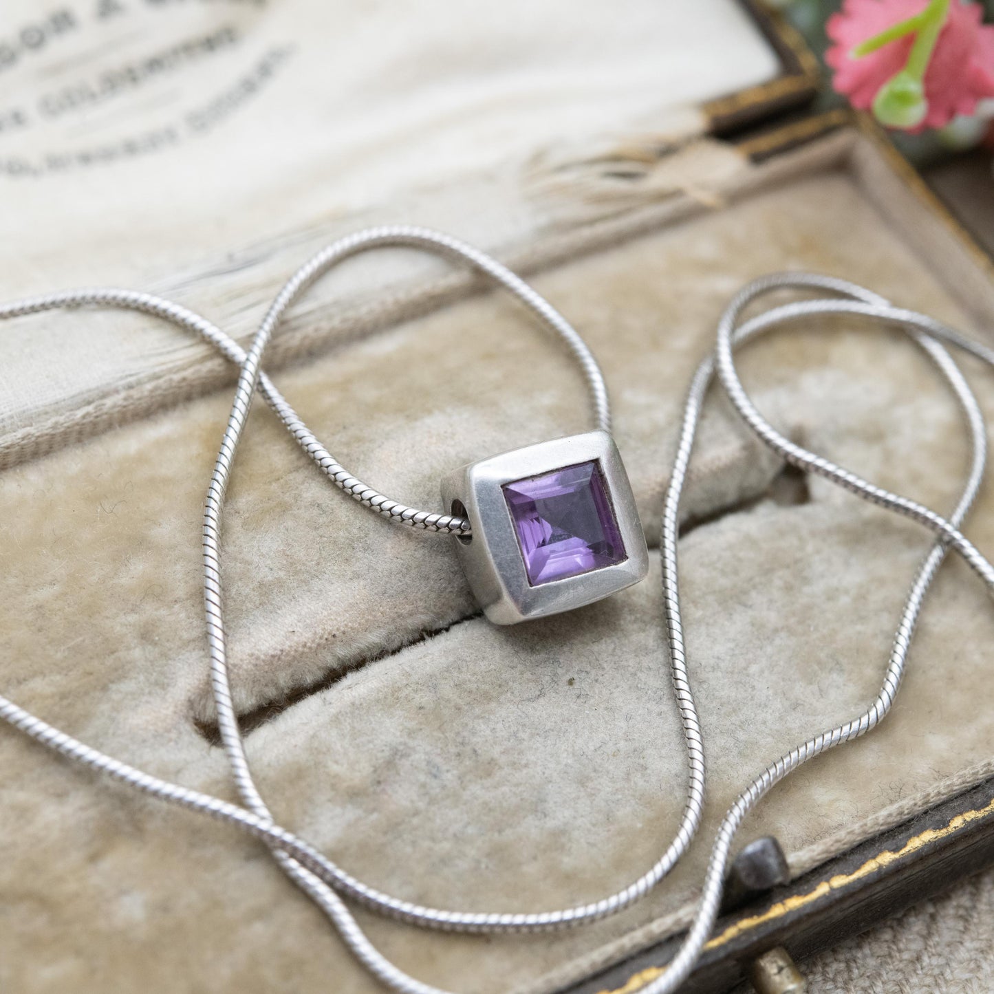 Sterling Silver Amethyst Cube Pendant Necklace - Snake Link Chain | Gift for Her | 17"