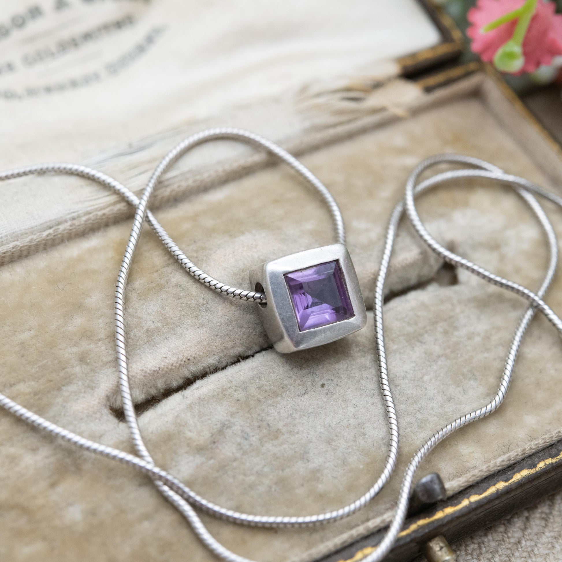 Sterling Silver Amethyst Cube Pendant Necklace - Snake Link Chain | Gift for Her | 17"