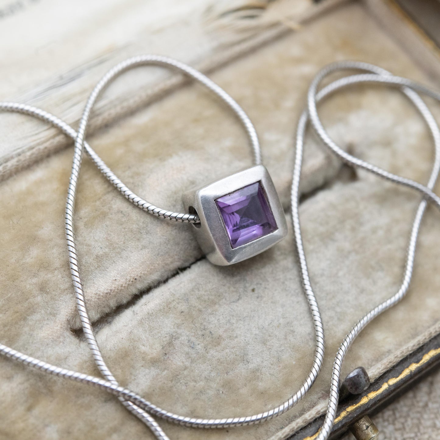 Sterling Silver Amethyst Cube Pendant Necklace - Snake Link Chain | Gift for Her | 17"