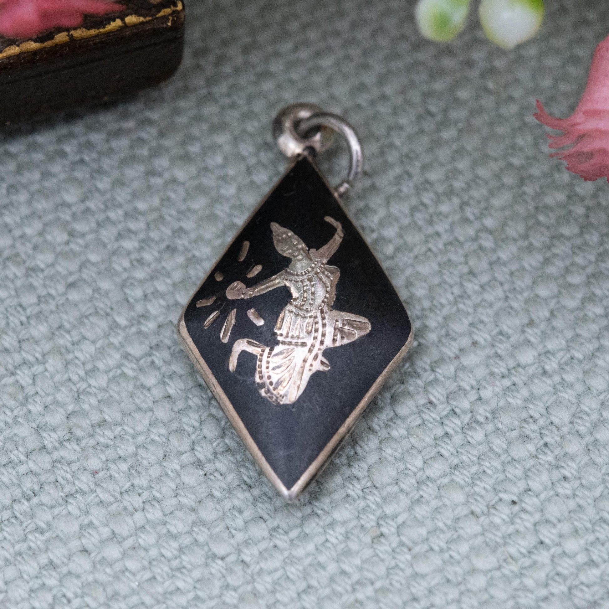 Vintage Siam Sterling Silver Niello Pendant - Mekala Goddess of Lightning | Thailand Silver | Gift for Necklace