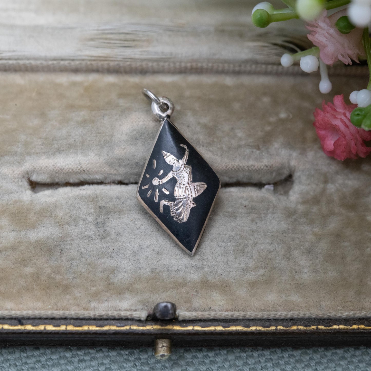 Vintage Siam Sterling Silver Niello Pendant - Mekala Goddess of Lightning | Thailand Silver | Gift for Necklace