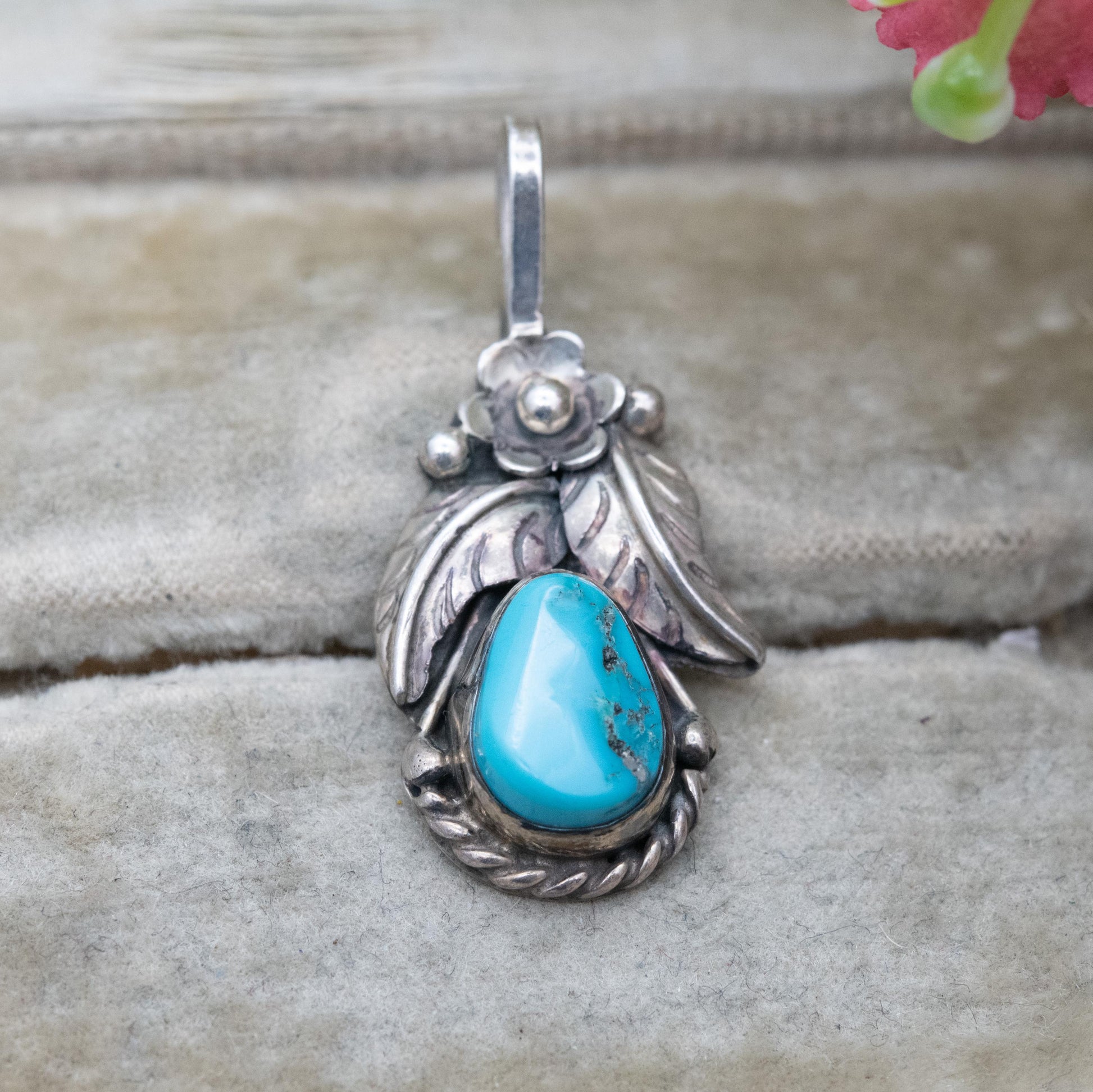 Vintage Navajo Sterling Silver Turquoise Pendant - Cabochon Blue Stone and Flower Design | Gift for Her