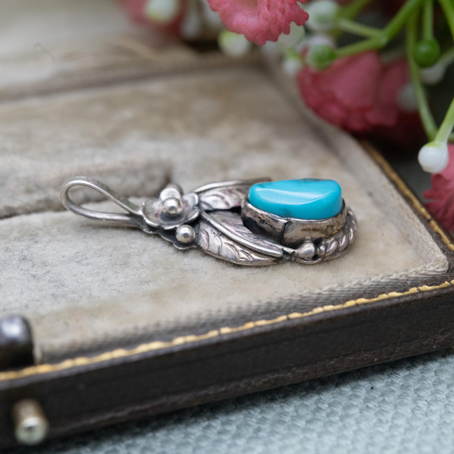 Vintage Navajo Sterling Silver Turquoise Pendant - Cabochon Blue Stone and Flower Design | Gift for Her