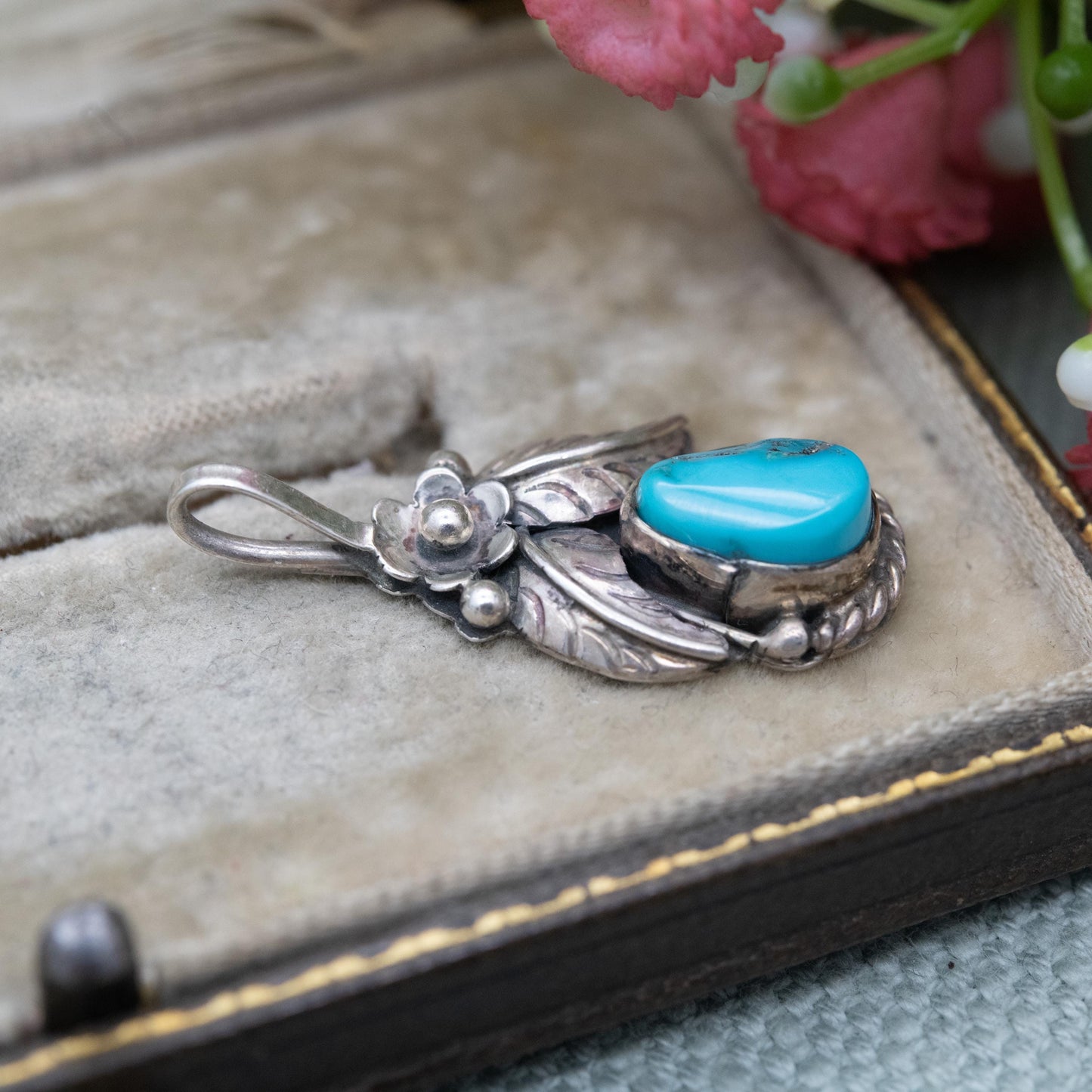 Vintage Navajo Sterling Silver Turquoise Pendant - Cabochon Blue Stone and Flower Design | Gift for Her