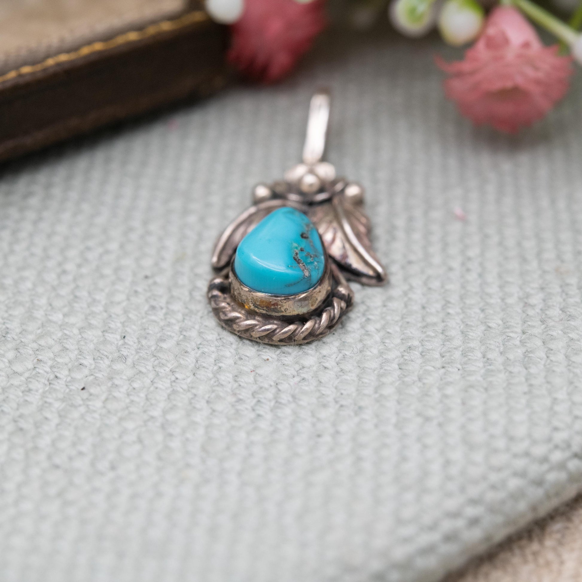 Vintage Navajo Sterling Silver Turquoise Pendant - Cabochon Blue Stone and Flower Design | Gift for Her