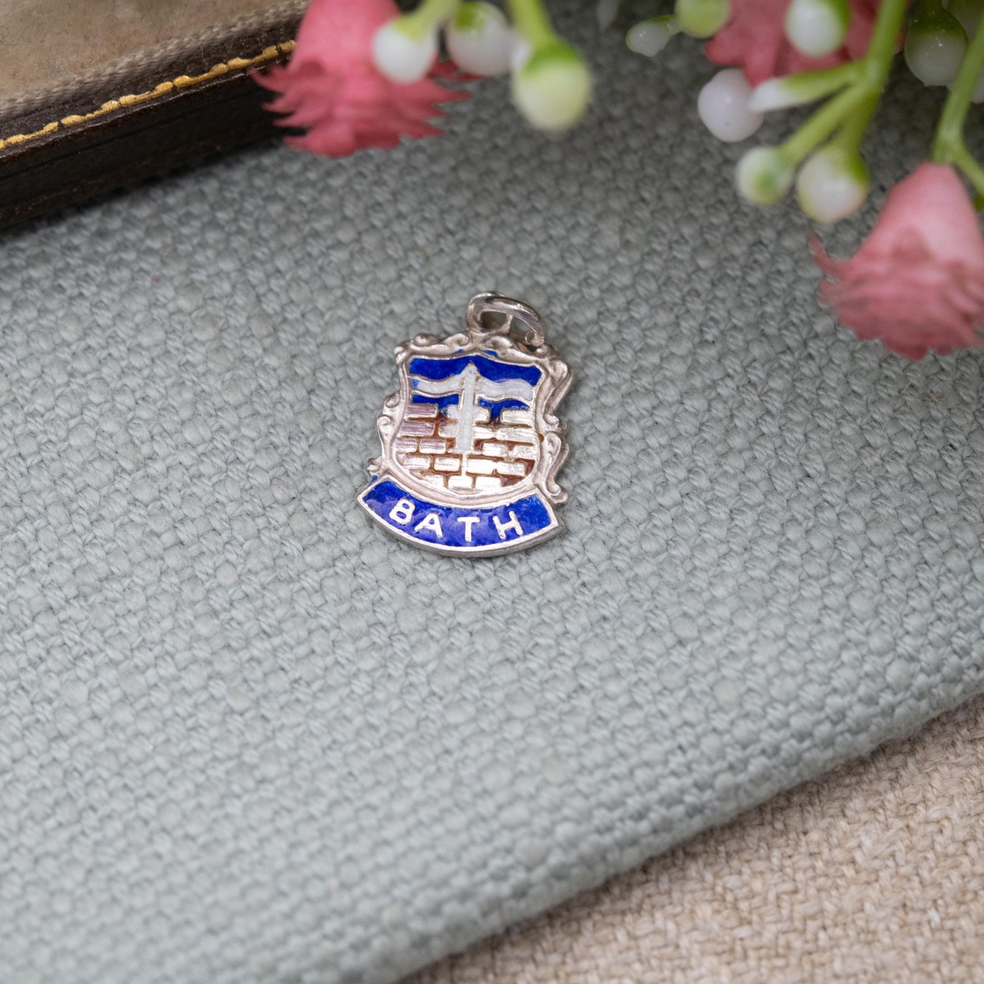 Vintage Silver Enamel Bath Souvenir Shield Charm Pendant - England Souvenir Gift for Charm Bracelet