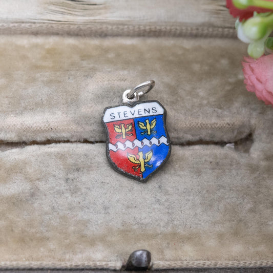 Vintage Silver Plated Enamel Stevens Family Crest Charm Pendant - Surname Heraldic Shield | Gift for Charm Bracelet
