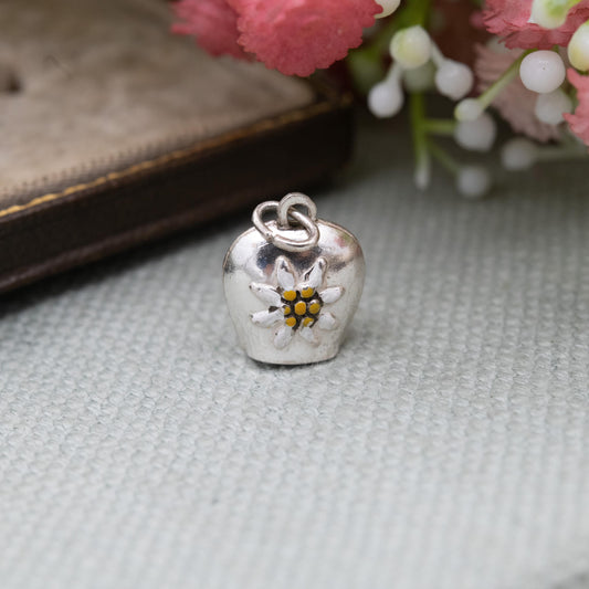Vintage Silver Enamel Daisy Cow Bell Charm Pendant - Enamel Articulated with Moving Tongue | Gift for Charm Bracelet