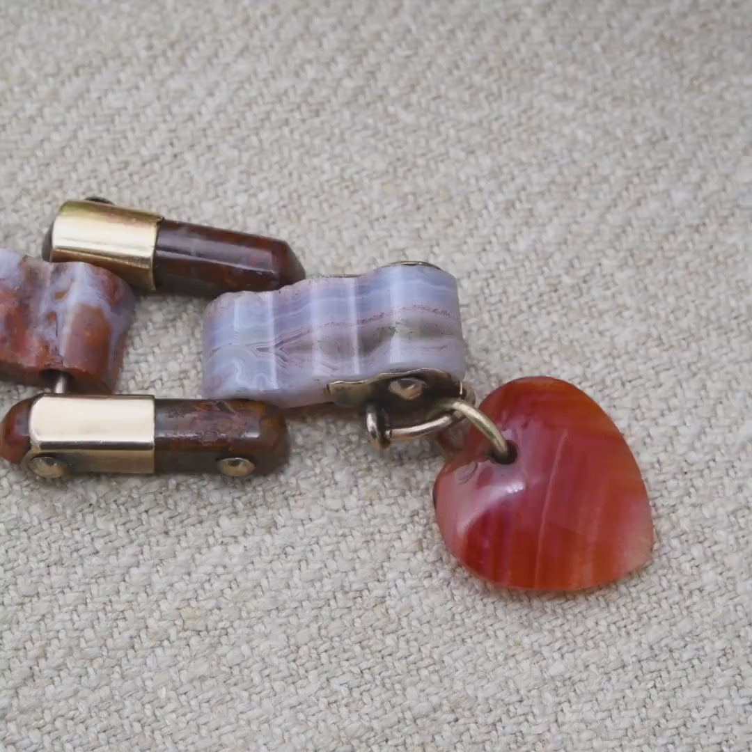 Antique Victorian Scottish Agate Bracelet with Gold Accents and Carved Heart Charm