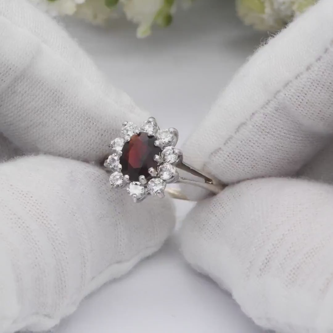 Vintage Sterling Silver Garnet Halo Flower Ring 1982