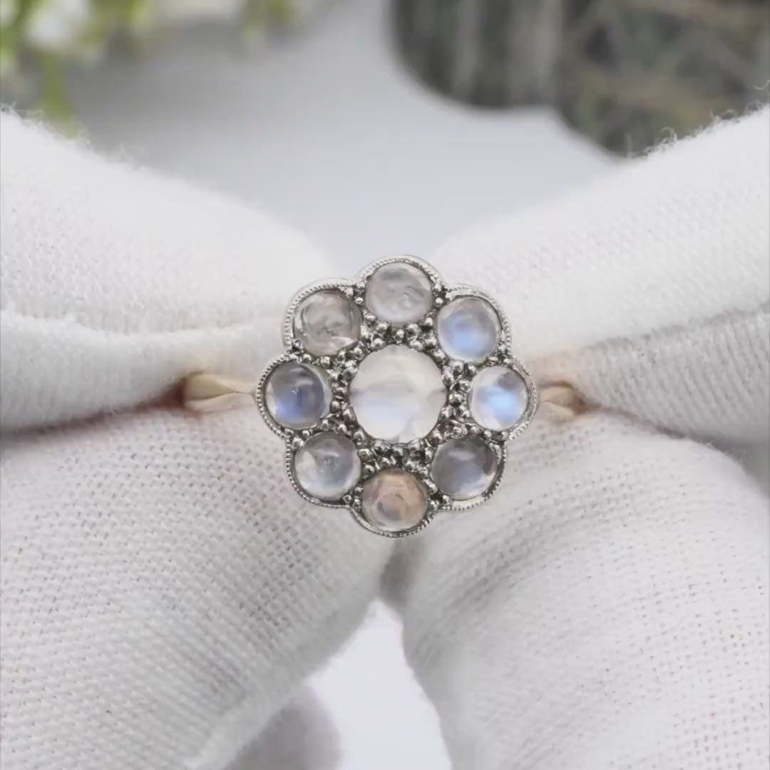 Antique 9ct Gold Moonstone Flower Ring