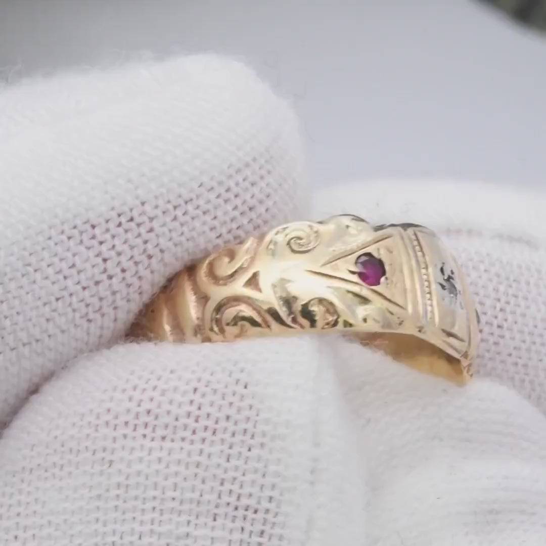 Antique 9ct Gold Diamond Ruby Gypsy Ring 1915