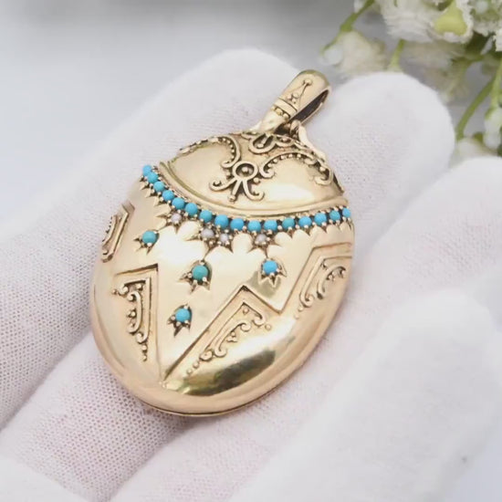 9ct Gold Locket Pendant with Peacock Engraving Turquoise and Pearl