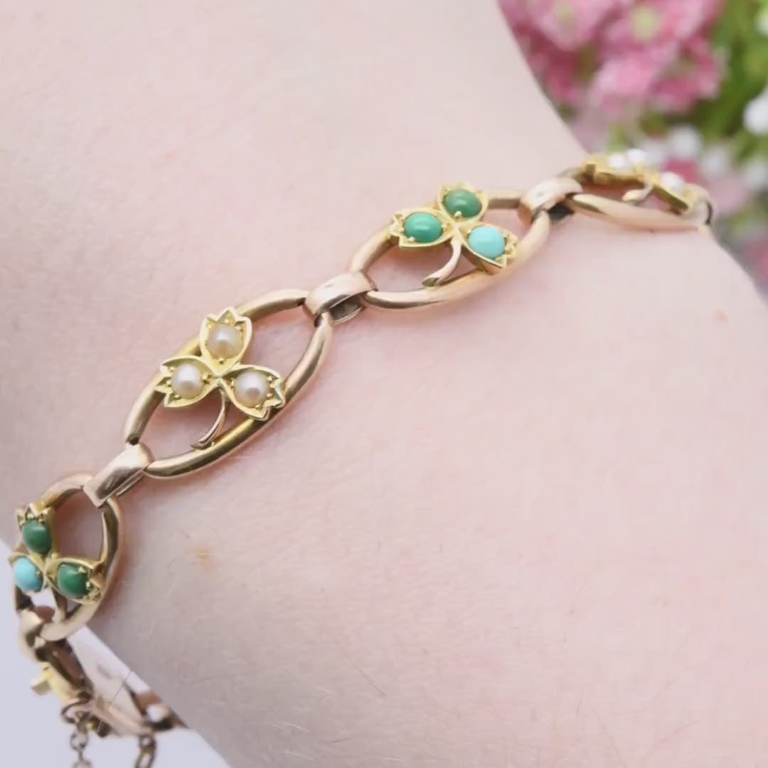 Antique Victorian 15ct Gold Bracelet with Turquoise and Pearl Three Leaf Clover Design